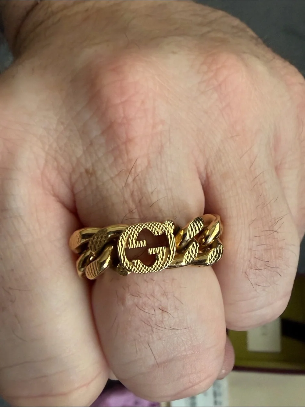 Gucci Gold Chain Link Bracelet with Textured Interlocking Logo